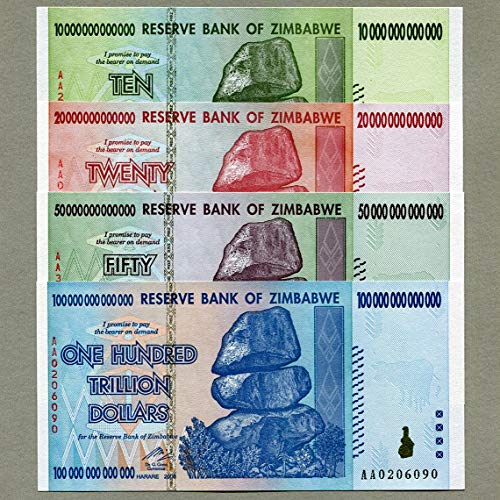 Billetes de Zimbabwe 100, 50, 20 y 10 trillones de dólares, dinero, inflación, récord
